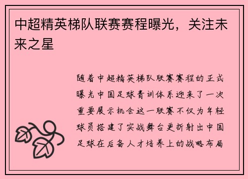 中超精英梯队联赛赛程曝光，关注未来之星